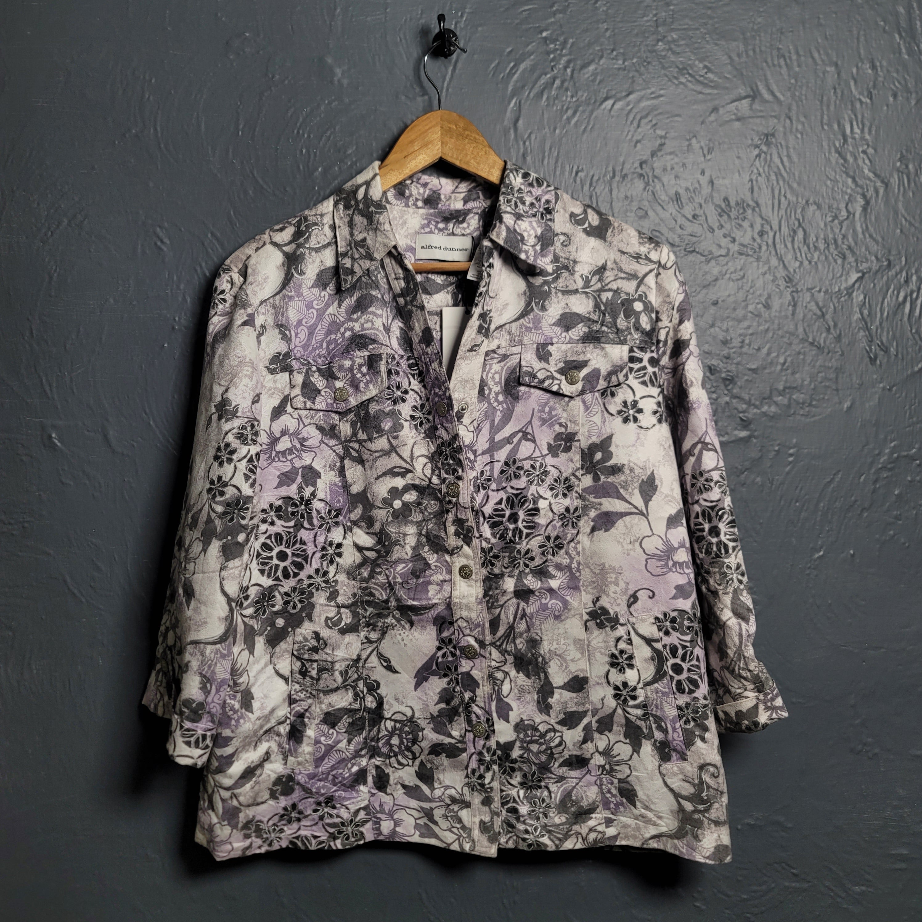ALFRED DUNNER Women's Suede Button-up Jacket in Purple & White Floral Print - THE GREY AREA