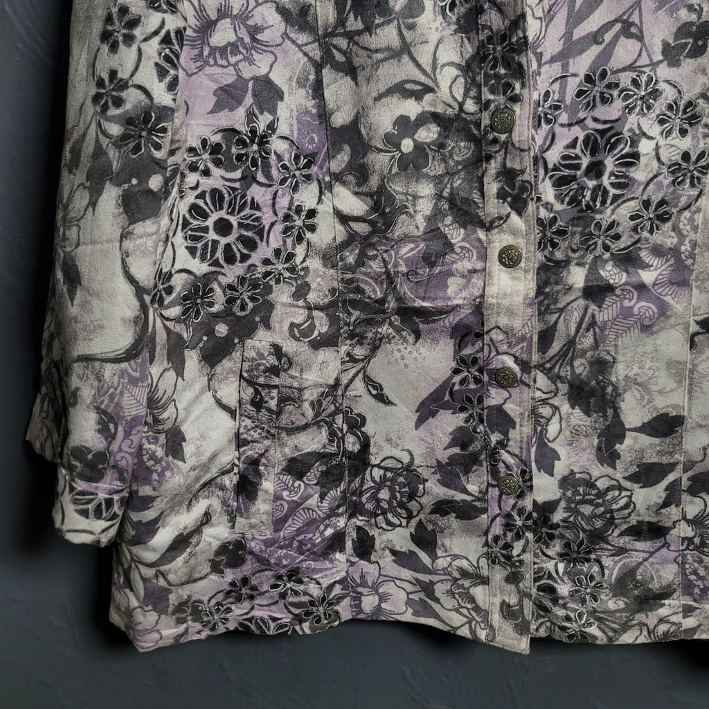 ALFRED DUNNER Women's Suede Button-up Jacket in Purple & White Floral Print - THE GREY AREA