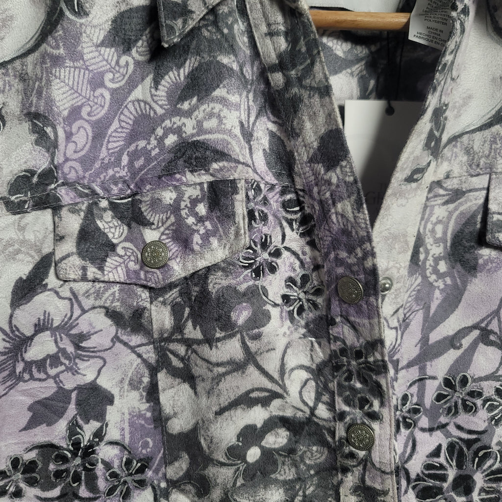 ALFRED DUNNER Women's Suede Button-up Jacket in Purple & White Floral Print - THE GREY AREA