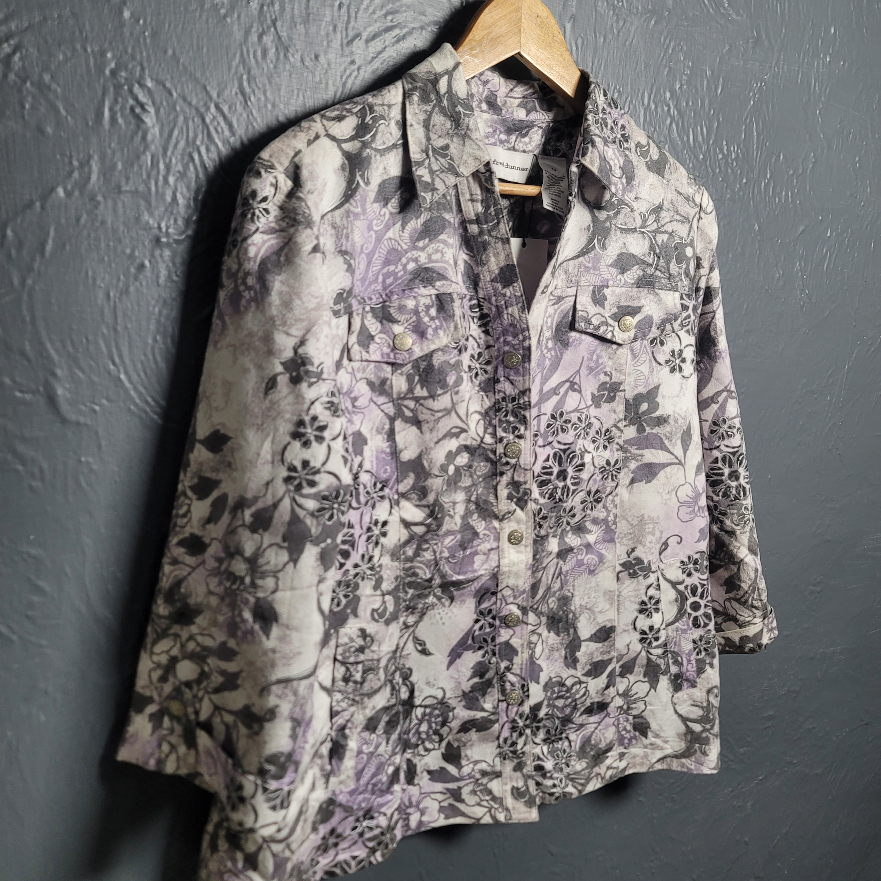 ALFRED DUNNER Women's Suede Button-up Jacket in Purple & White Floral Print - THE GREY AREA