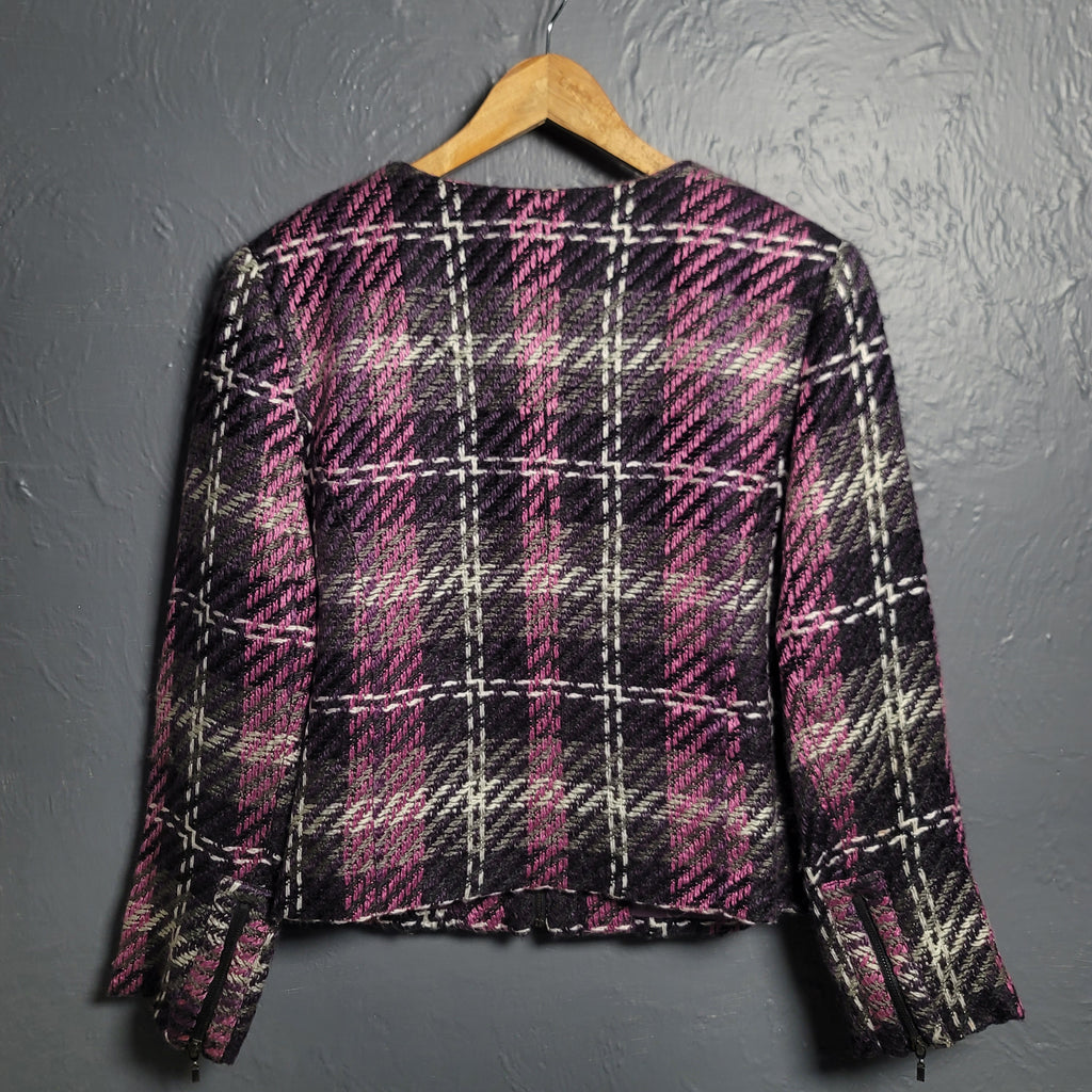 Women's purple, black and  white PLAID zip-up lined blazer jacket by DRESSBARN - THE GREY AREA