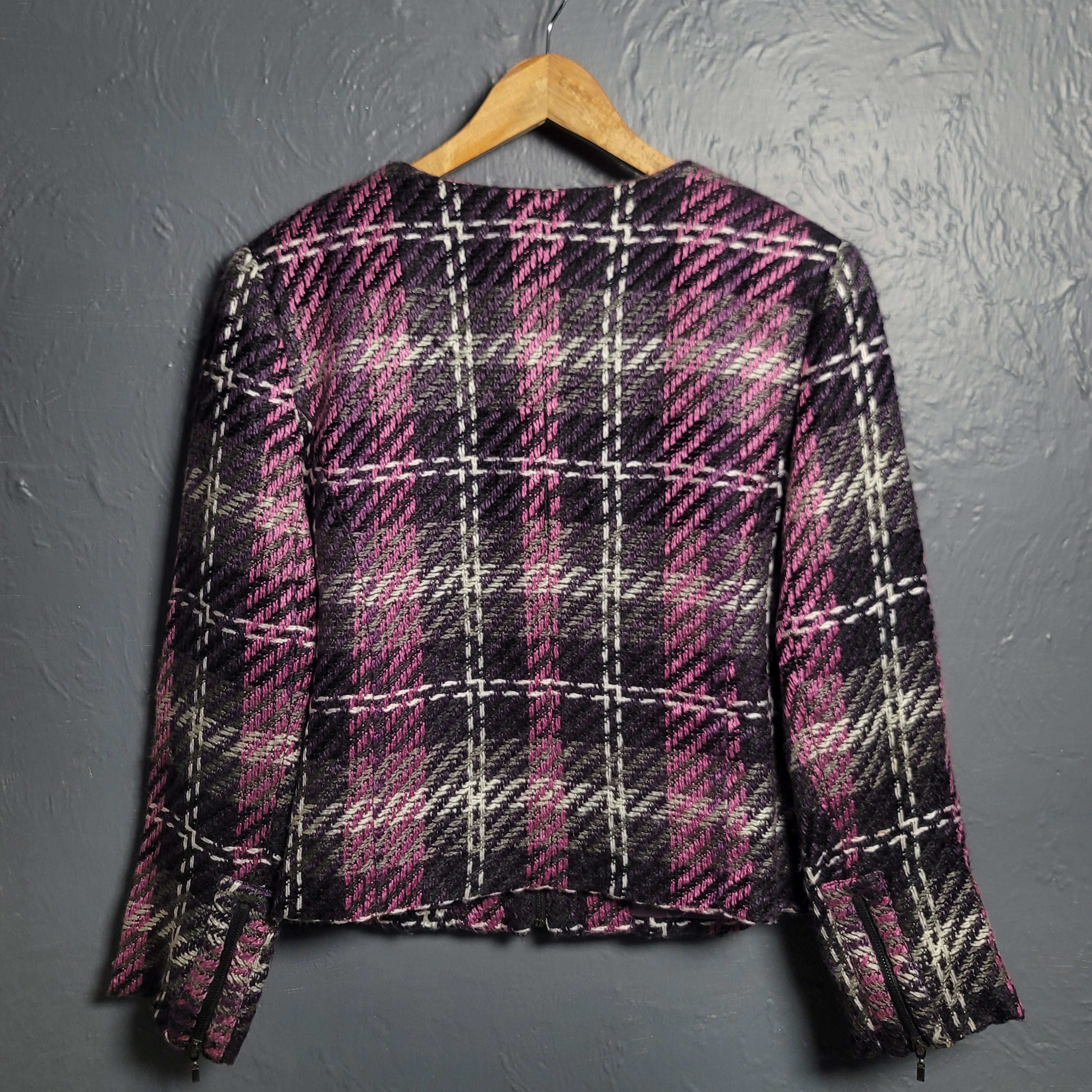 Women's purple, black and  white PLAID zip-up lined blazer jacket by DRESSBARN - THE GREY AREA