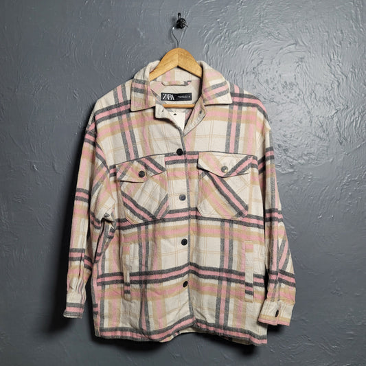 Women's Zara Pink Plaid Soft Button Up Over-sized Shacket - THE GREY AREA