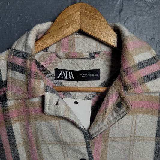 Women's Zara Pink Plaid Soft Button Up Over-sized Shacket - THE GREY AREA