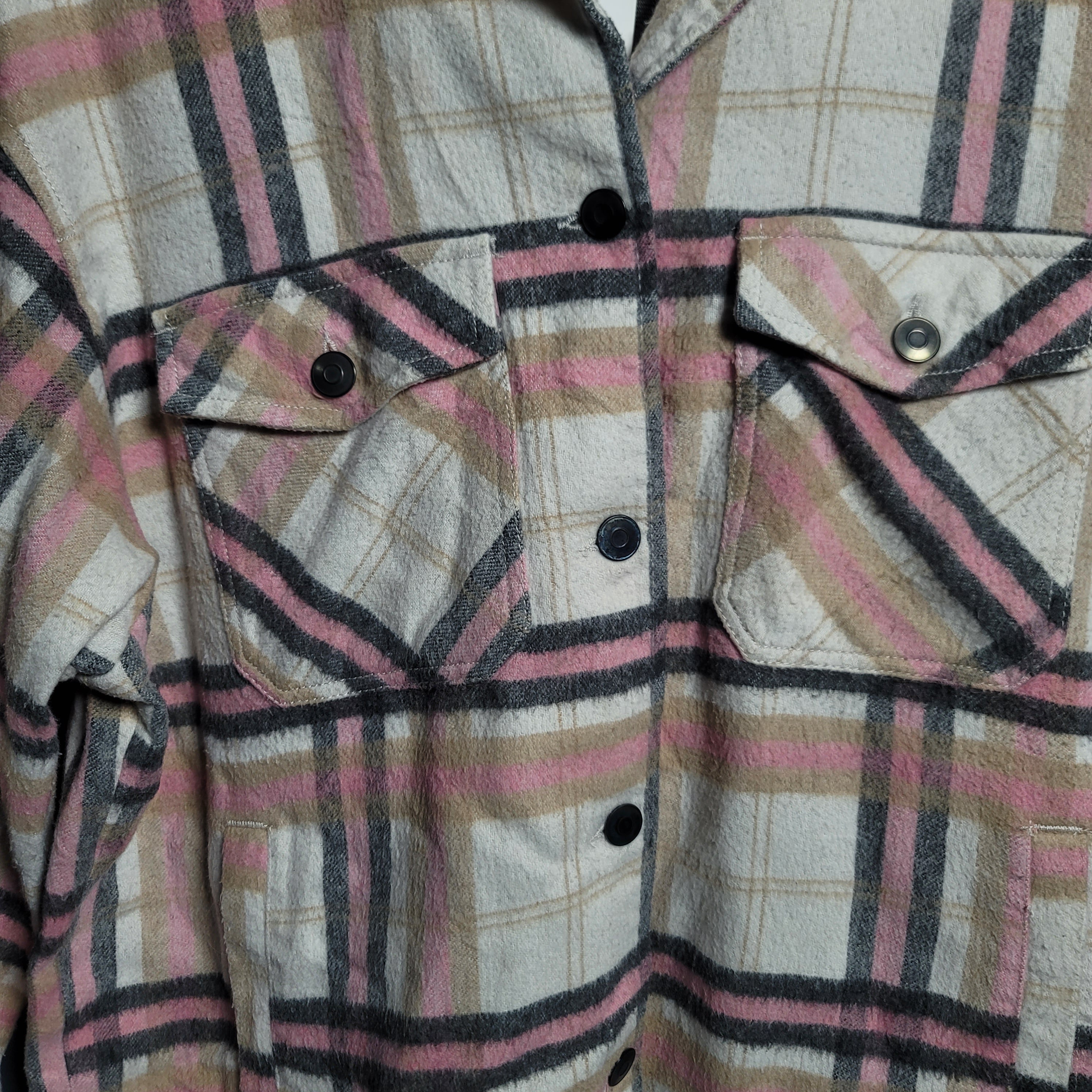 Women's Zara Pink Plaid Soft Button Up Over-sized Shacket - THE GREY AREA