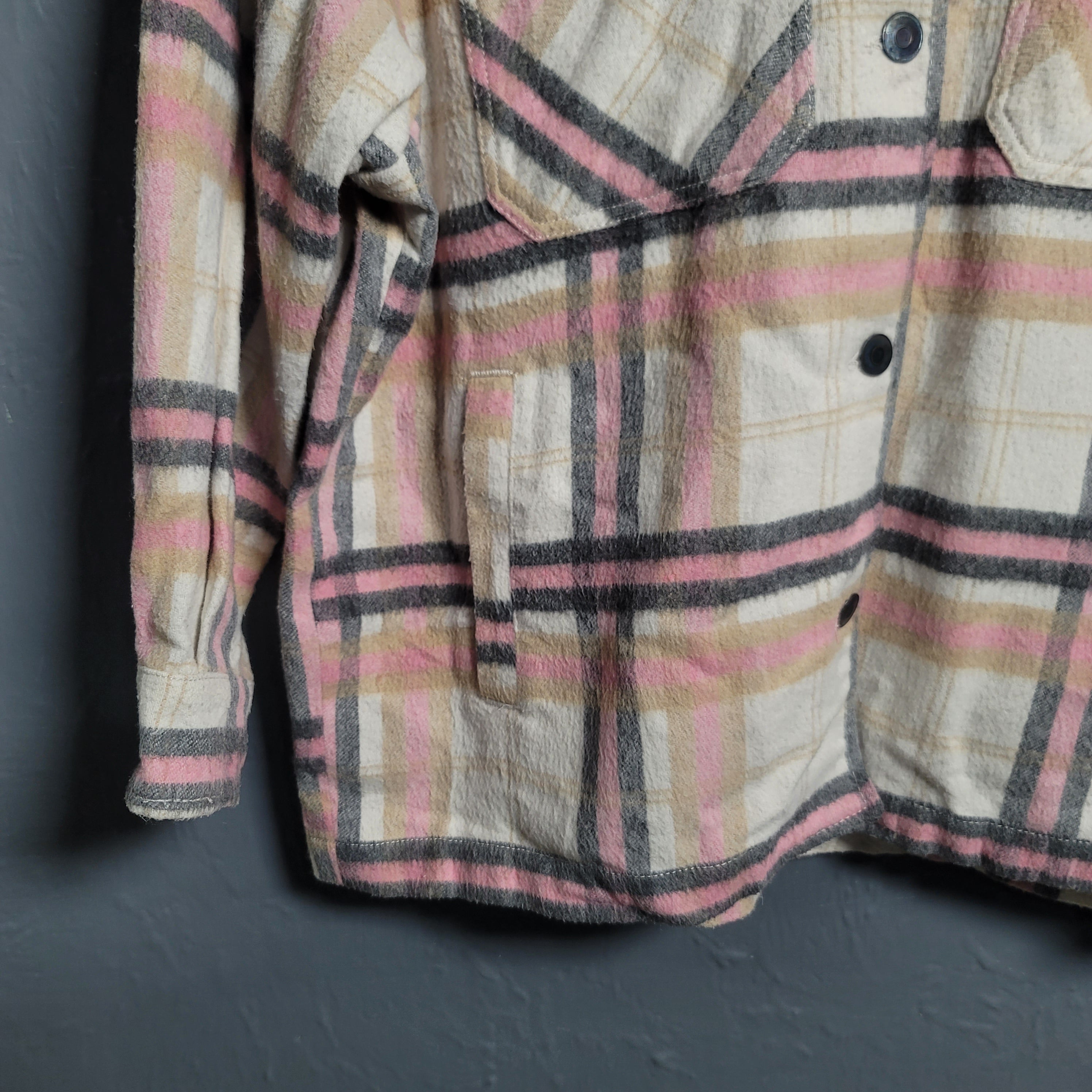 Women's Zara Pink Plaid Soft Button Up Over-sized Shacket - THE GREY AREA