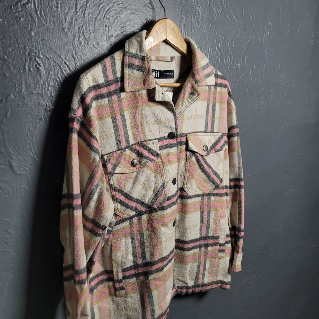 Women's Zara Pink Plaid Soft Button Up Over-sized Shacket - THE GREY AREA
