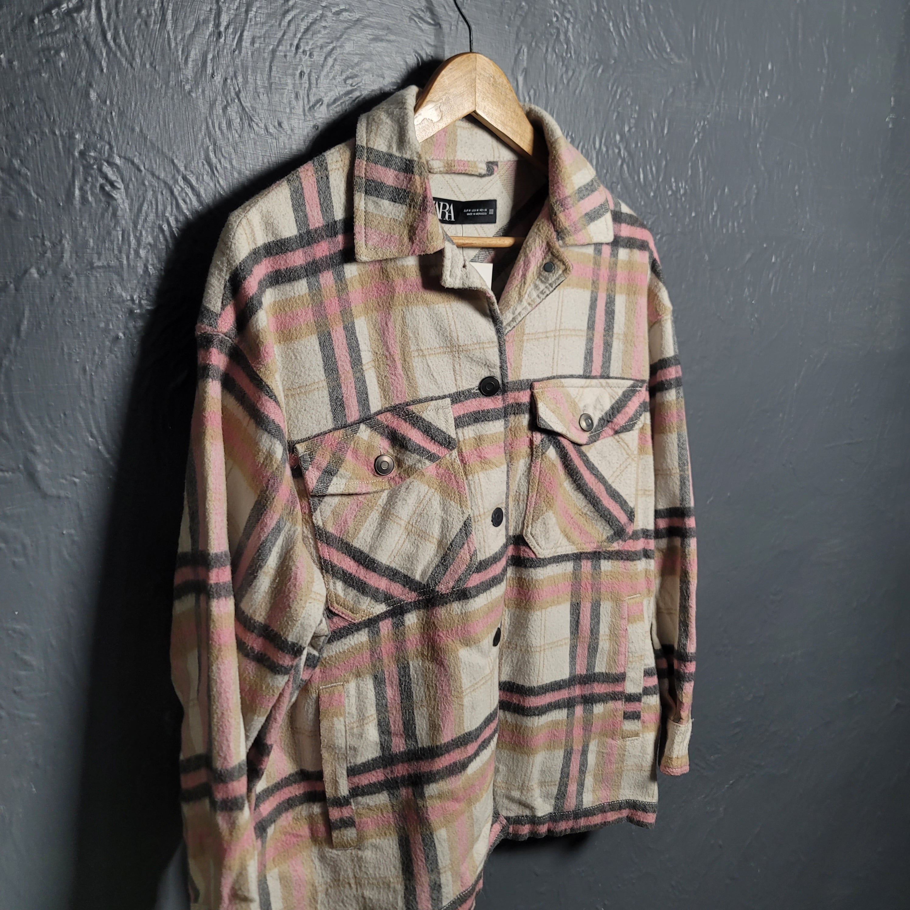 Women's Zara Pink Plaid Soft Button Up Over-sized Shacket - THE GREY AREA