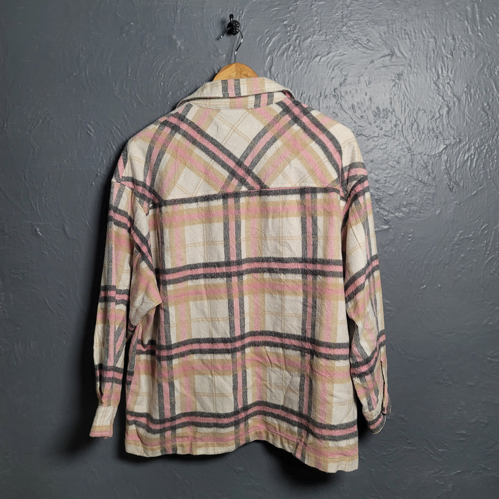 Women's Zara Pink Plaid Soft Button Up Over-sized Shacket - THE GREY AREA