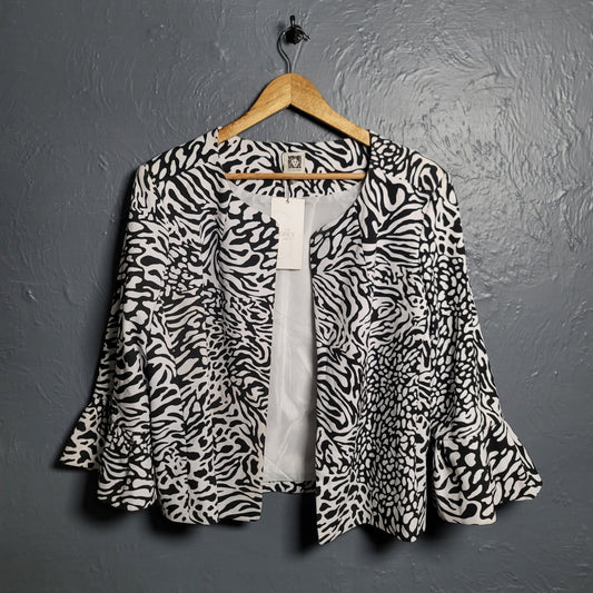 Women's Anne Klein Designer Black And White Animal Print with Ruffled Sleeves Jacket - THE GREY AREA