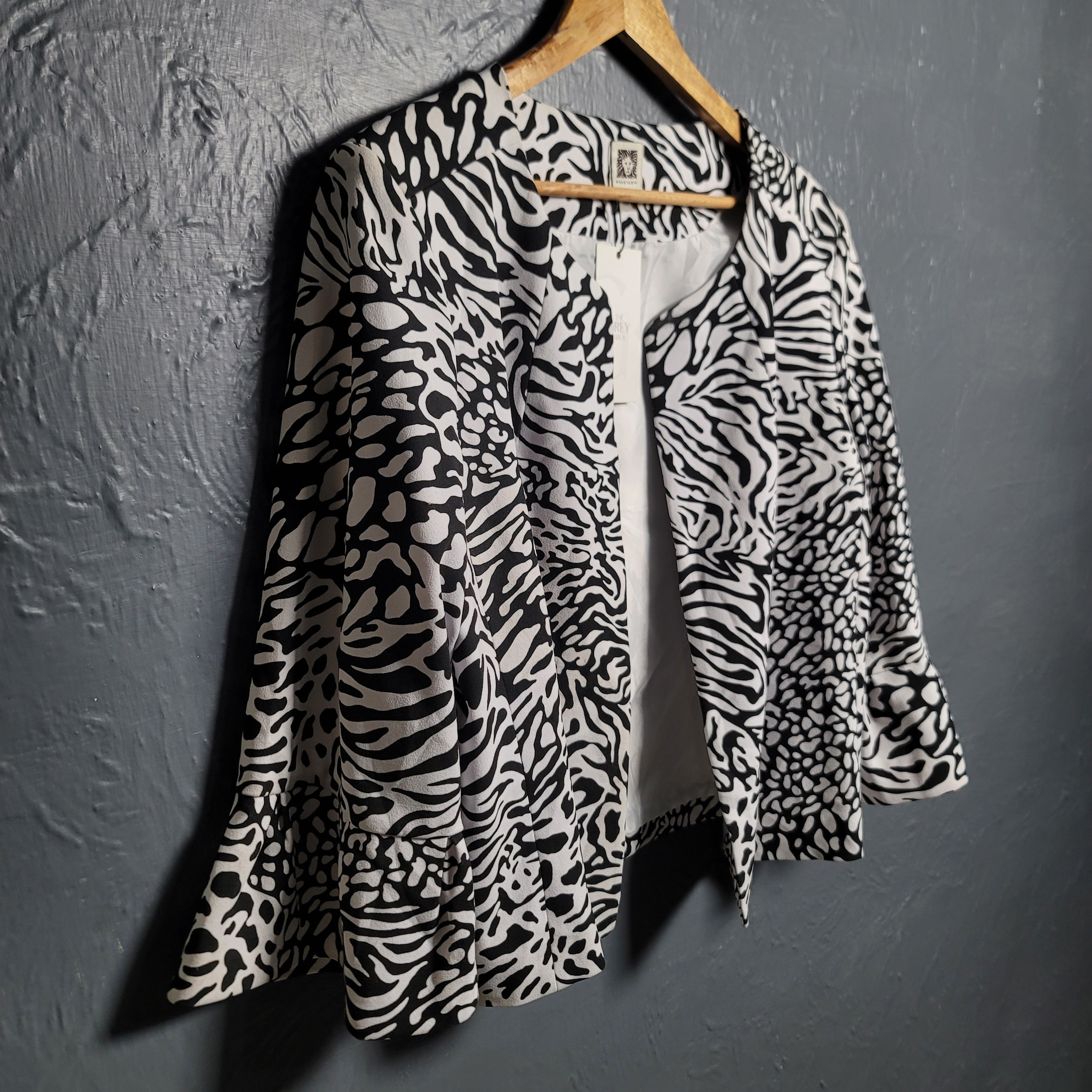 Women's Anne Klein Designer Black And White Animal Print with Ruffled Sleeves Jacket - THE GREY AREA