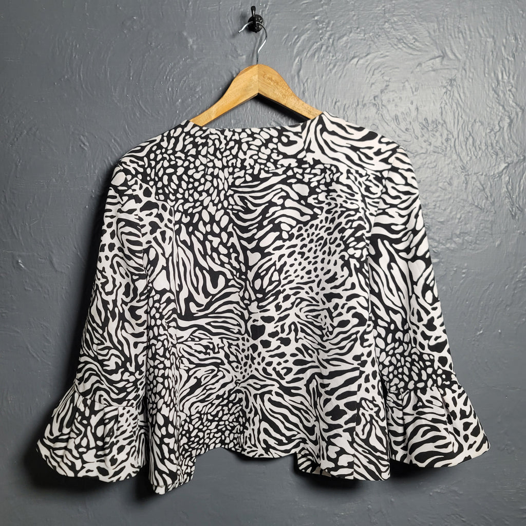 Women's Anne Klein Designer Black And White Animal Print with Ruffled Sleeves Jacket - THE GREY AREA