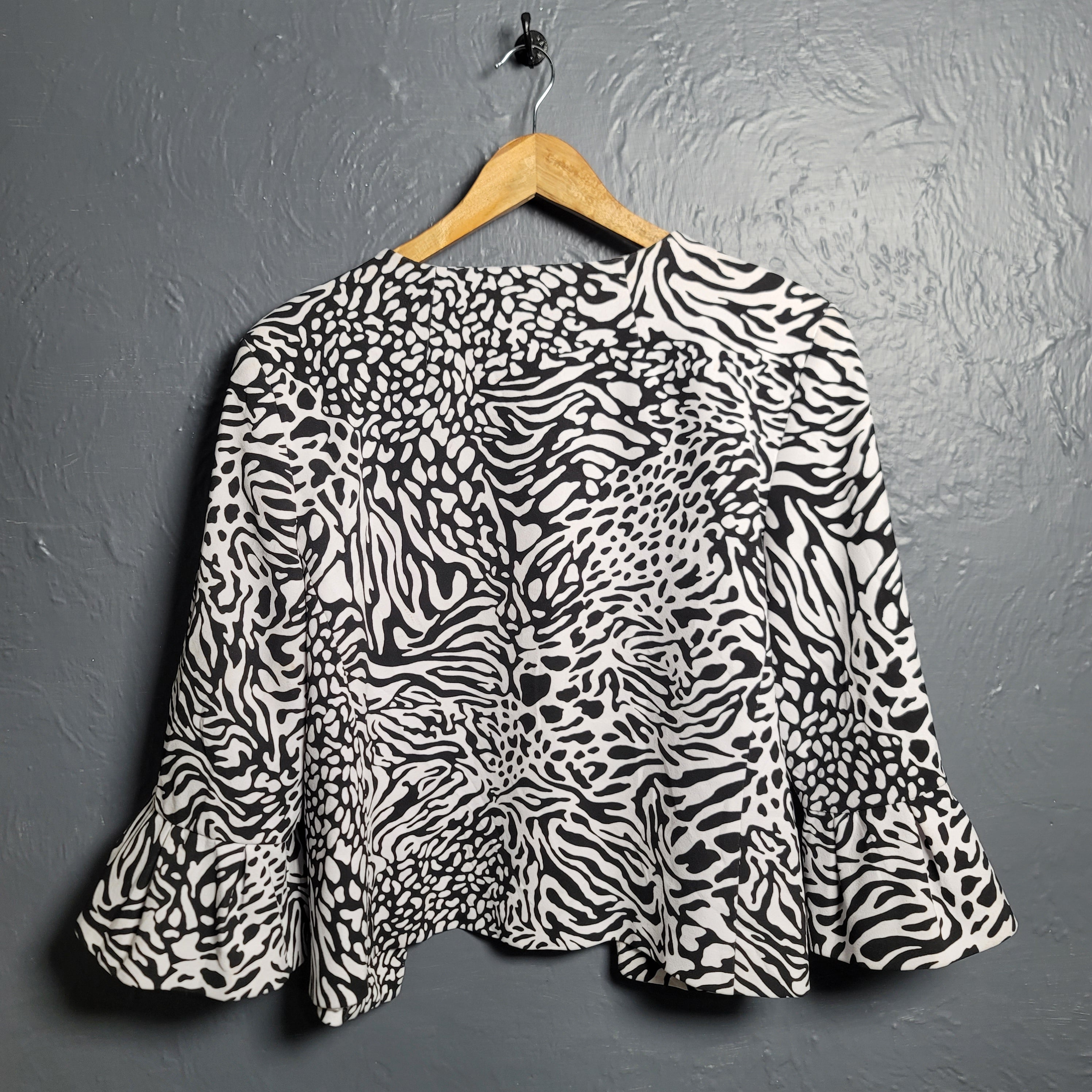 Women's Anne Klein Designer Black And White Animal Print with Ruffled Sleeves Jacket - THE GREY AREA