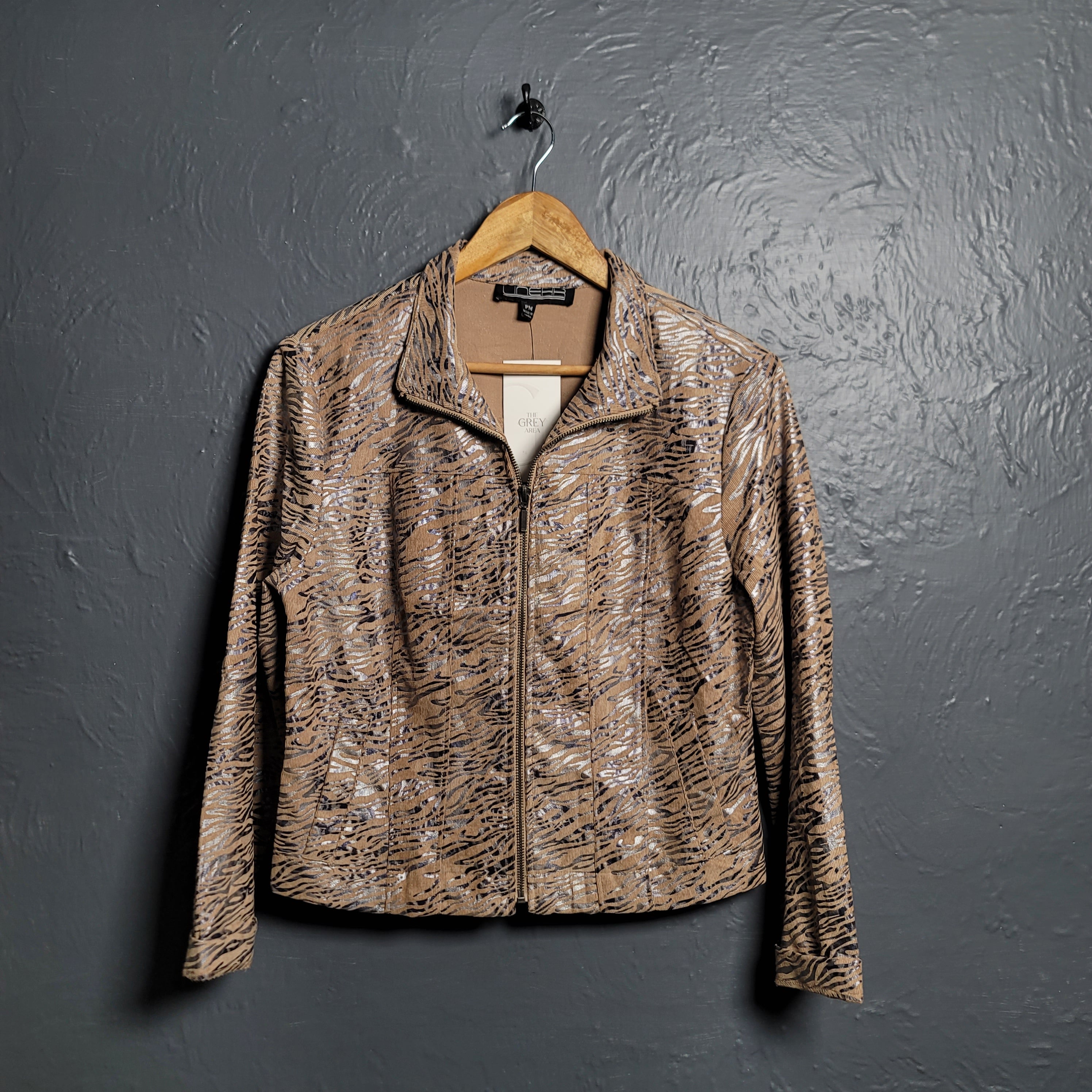 Women's LINEAR Tan/Silver Animal Print Jacket Petite - THE GREY AREA