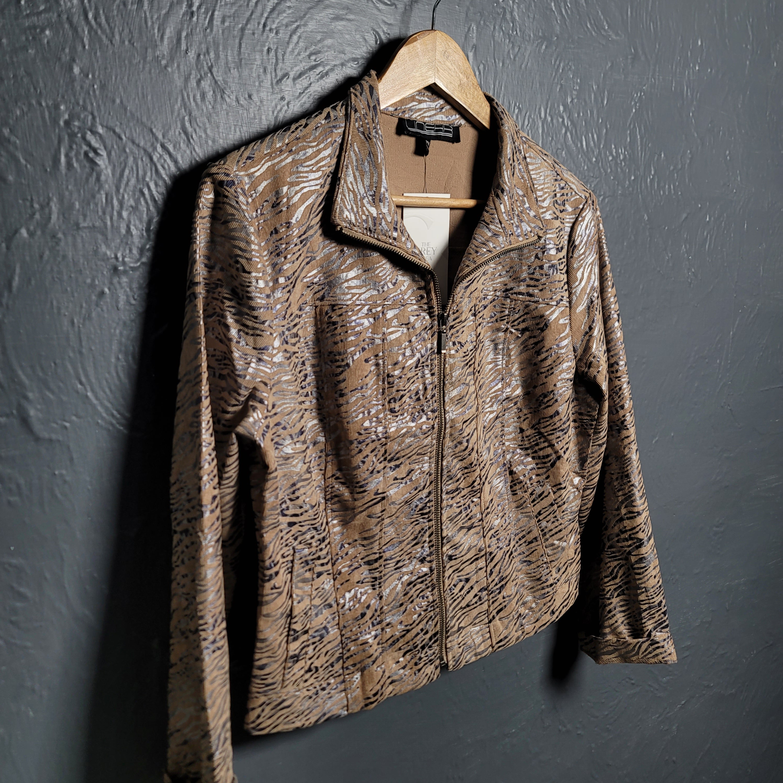Women's LINEAR Tan/Silver Animal Print Jacket Petite - THE GREY AREA