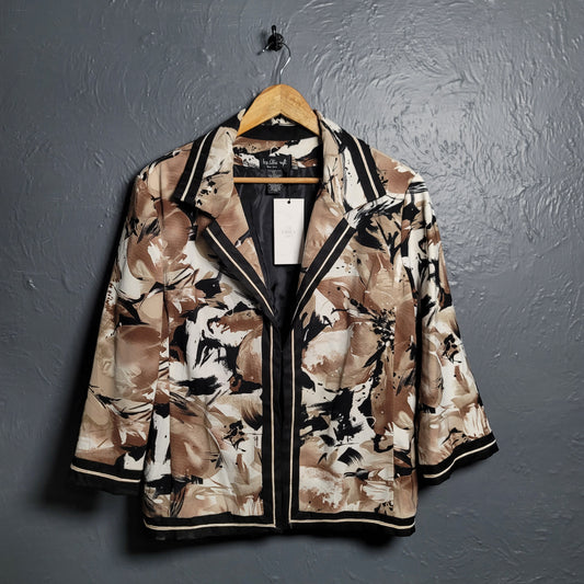 WOMEN'S BLACK-TRIMMED SEPIA -TONED FLORAL PRINTED JACKET BY IVY CHIC - THE GREY AREA