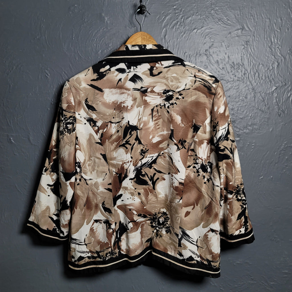 WOMEN'S BLACK-TRIMMED SEPIA -TONED FLORAL PRINTED JACKET BY IVY CHIC - THE GREY AREA