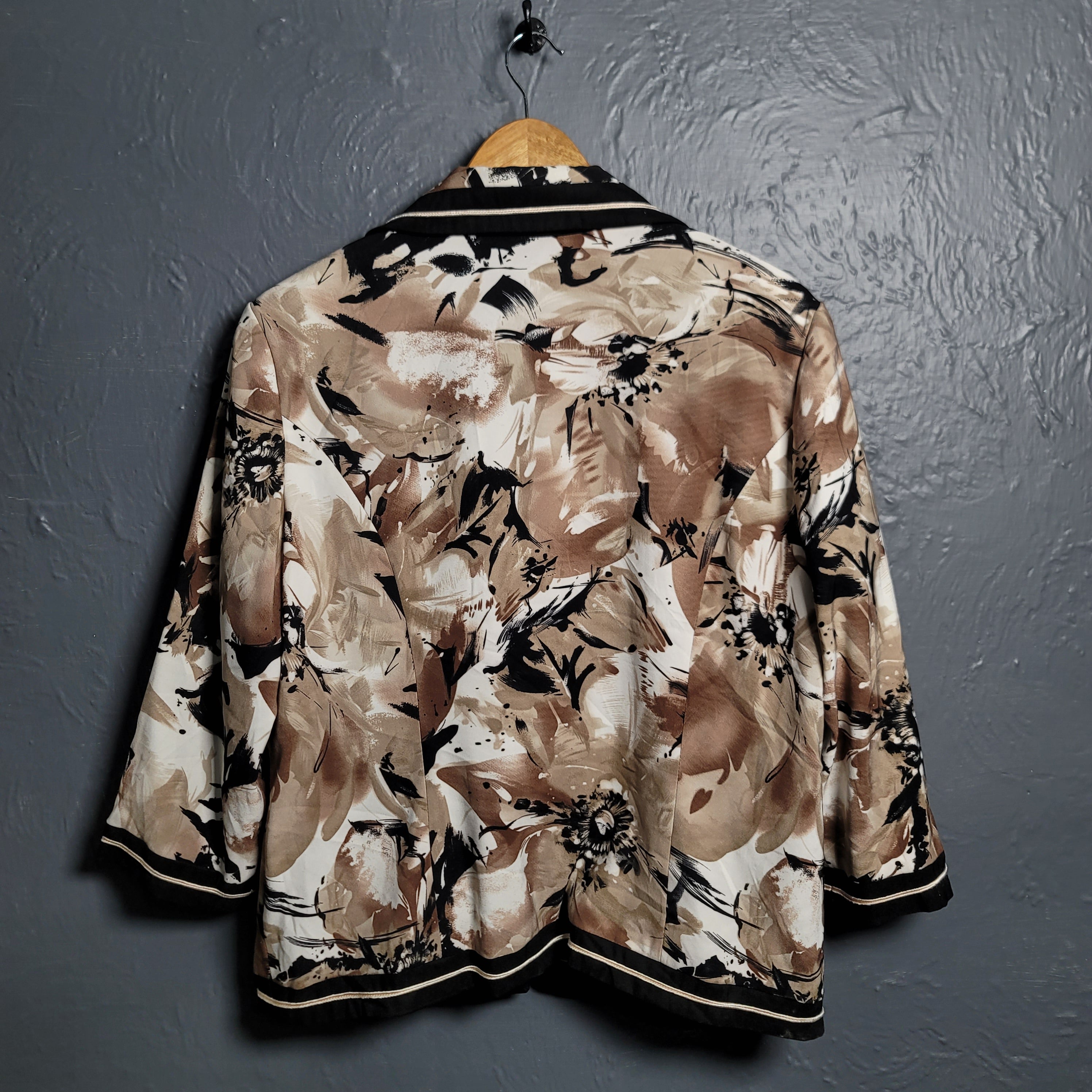 WOMEN'S BLACK-TRIMMED SEPIA -TONED FLORAL PRINTED JACKET BY IVY CHIC - THE GREY AREA