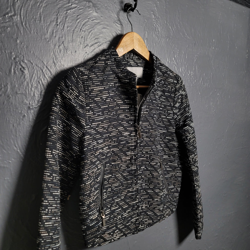 H&M Textured White Black Zip Black Blazer Career Office Jacket Lined