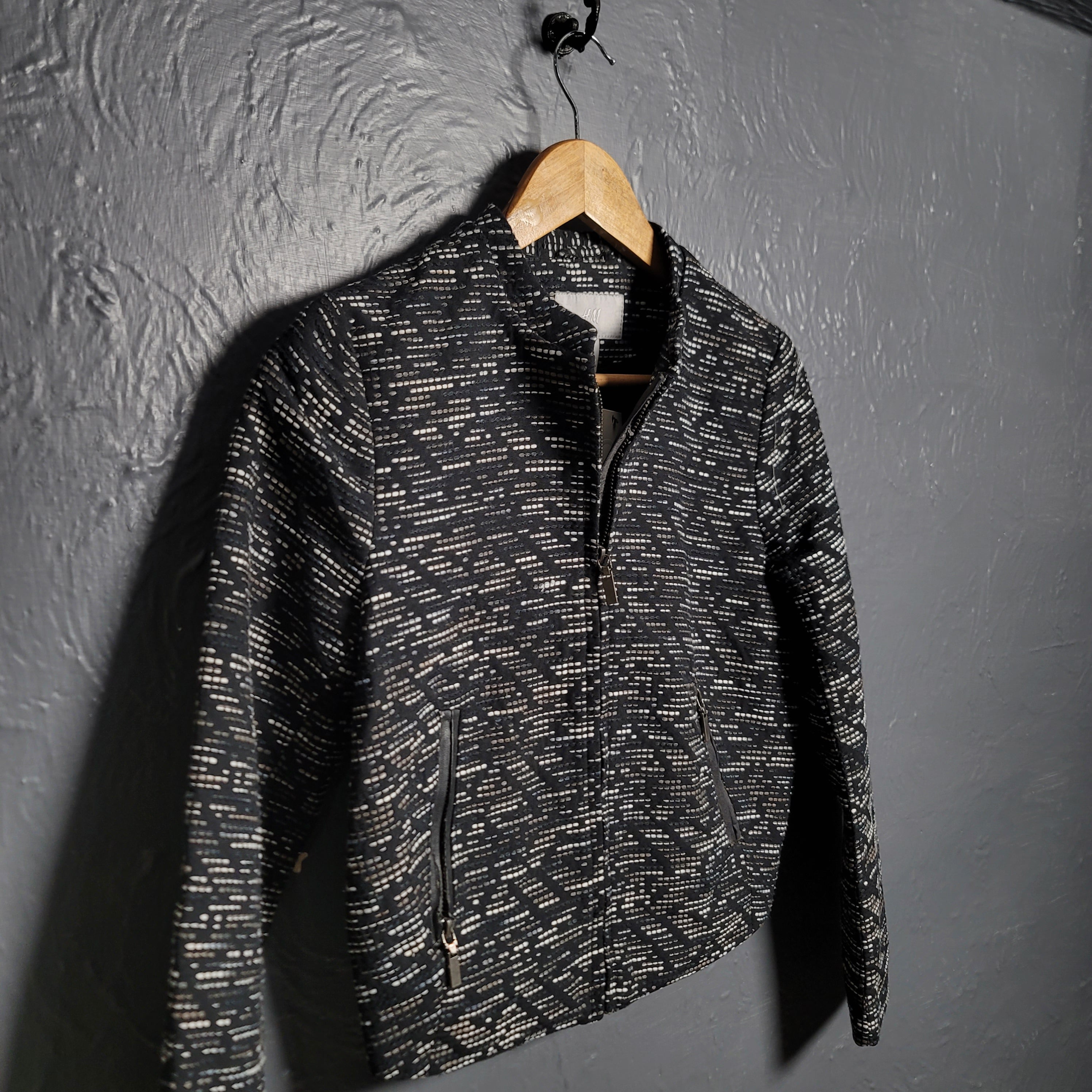 H&M Textured White Black Zip Black Blazer Career Office Jacket Lined