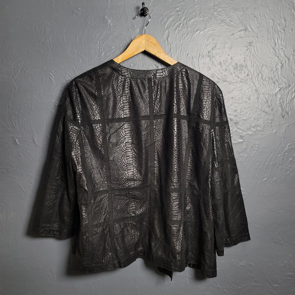 Alfred Dunner Women's Black Animal Print Shiny Snakeskin Hook & Eye Jacket