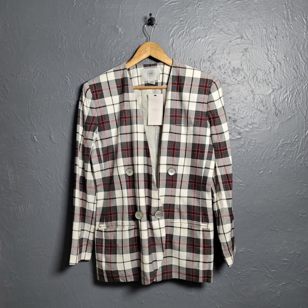Vintage 80's Amanda Smith double-breasted blazer in red, grey, and white large plaid print,