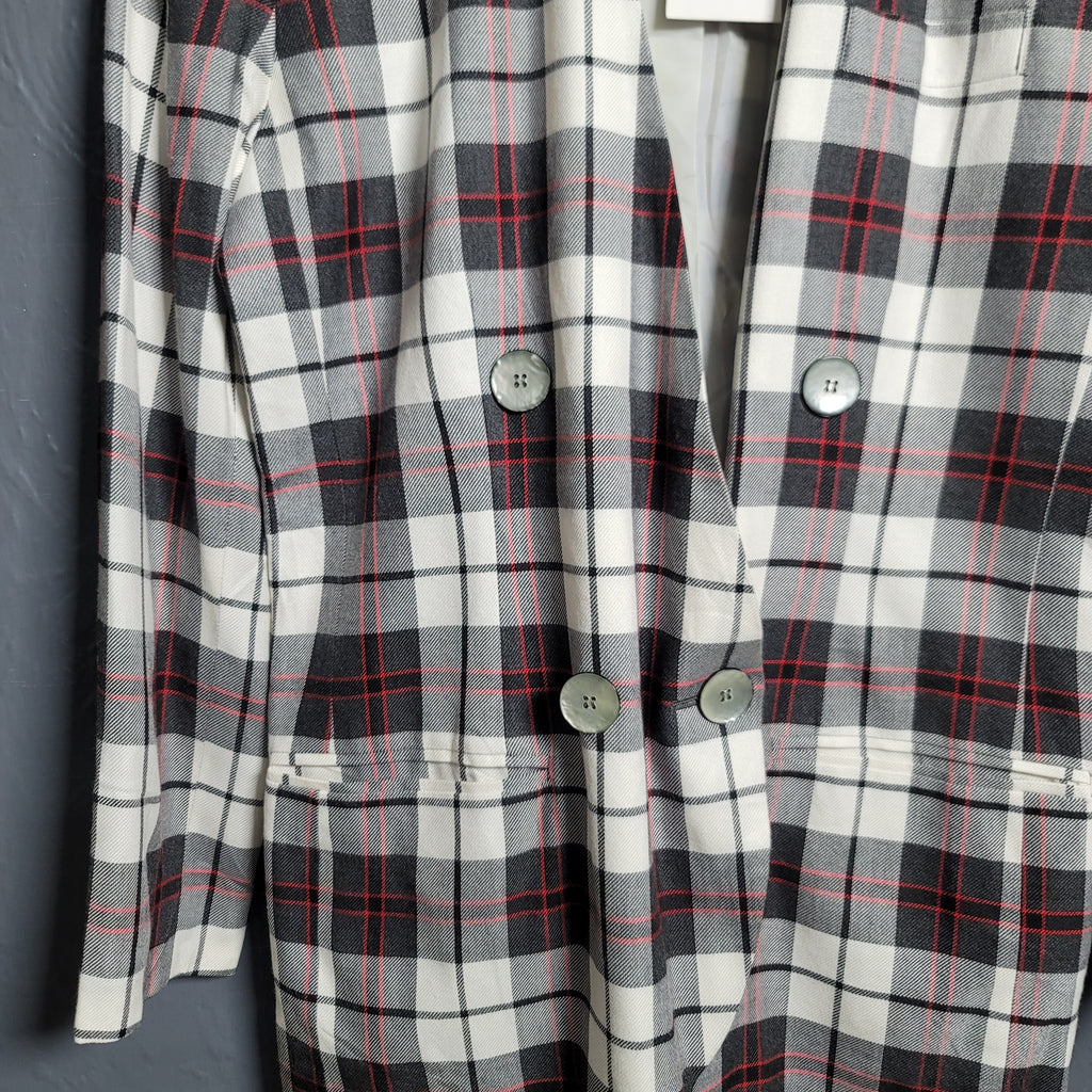 Vintage 80's Amanda Smith double-breasted blazer in red, grey, and white large plaid print,