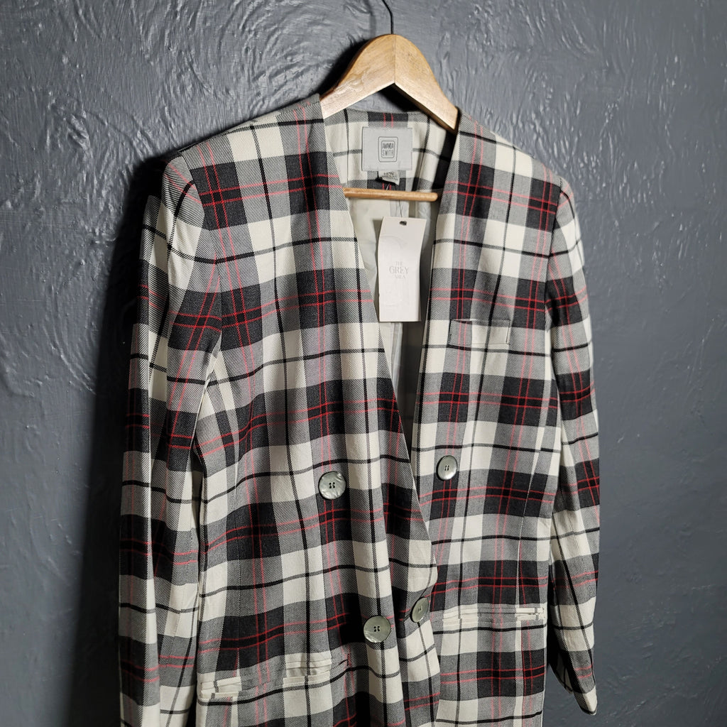 Vintage 80's Amanda Smith double-breasted blazer in red, grey, and white large plaid print,