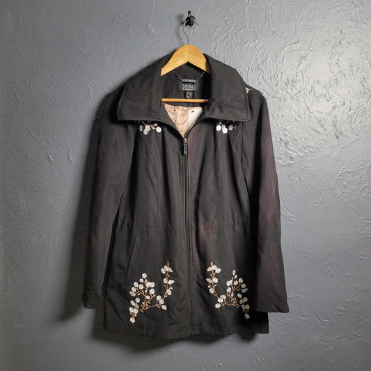 Den­nis Hood­ed Embroidered Flo­ral Black Long Jack­et