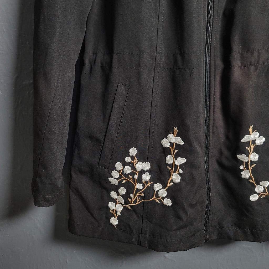 Den­nis Hood­ed Embroidered Flo­ral Black Long Jack­et