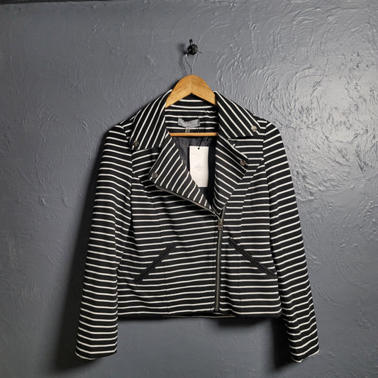 Bagatelle Black White Stripe Asymmetrical Zip Stretch Blazer Jacket