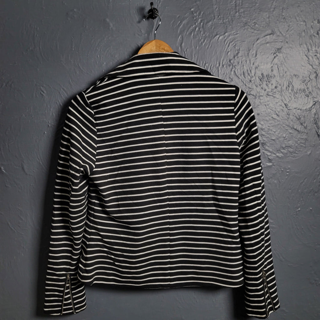 Bagatelle Black White Stripe Asymmetrical Zip Stretch Blazer Jacket