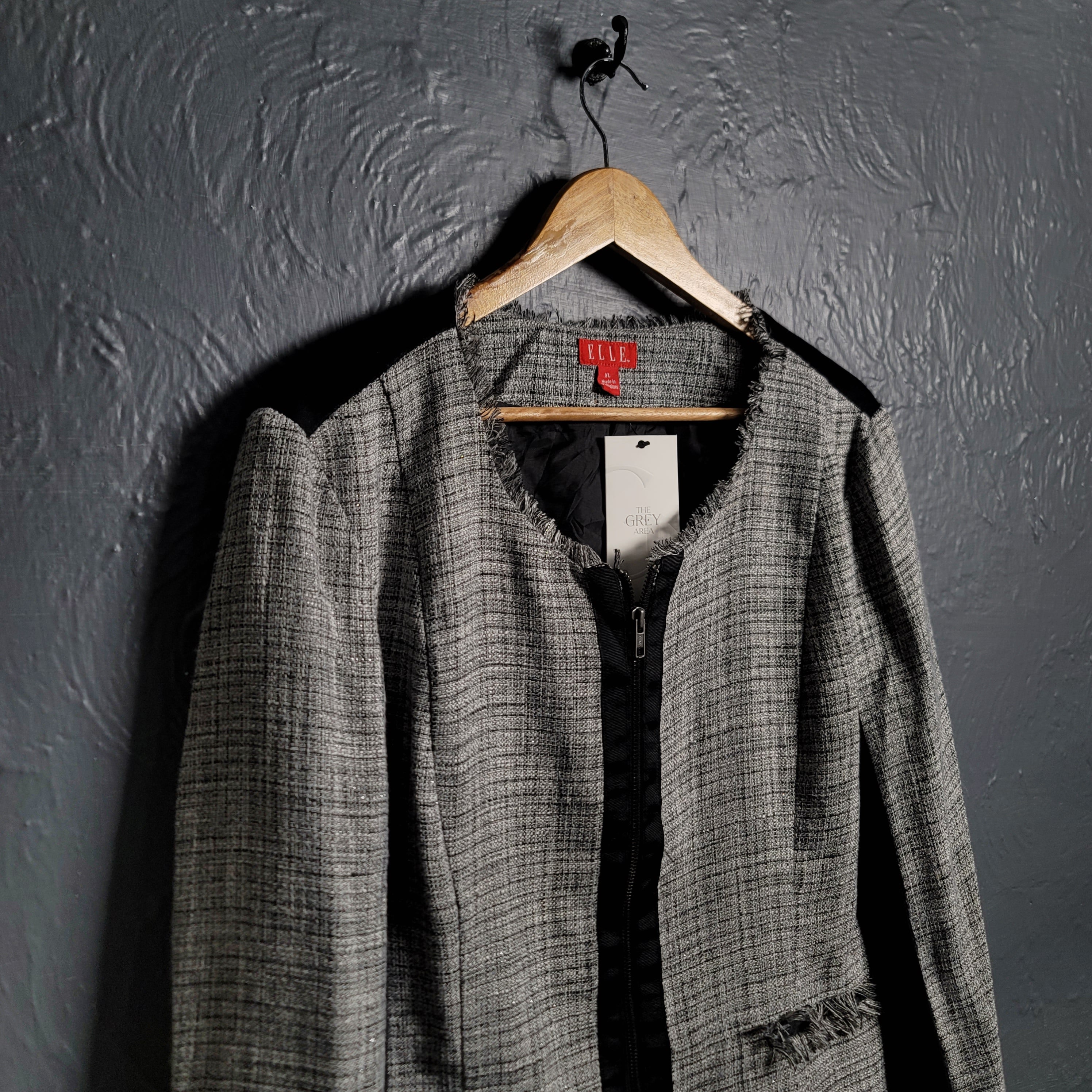 Women's Woven Zip-Up Fringed Trim Jacket by Elle