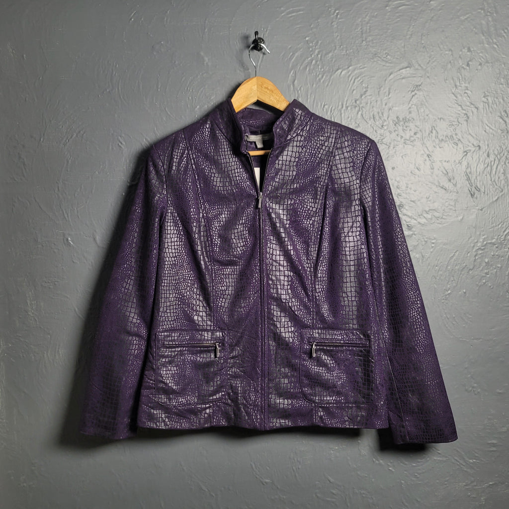 Women's Purple Snake Textured Faux Leather Full Zip Lined Zip Pockets