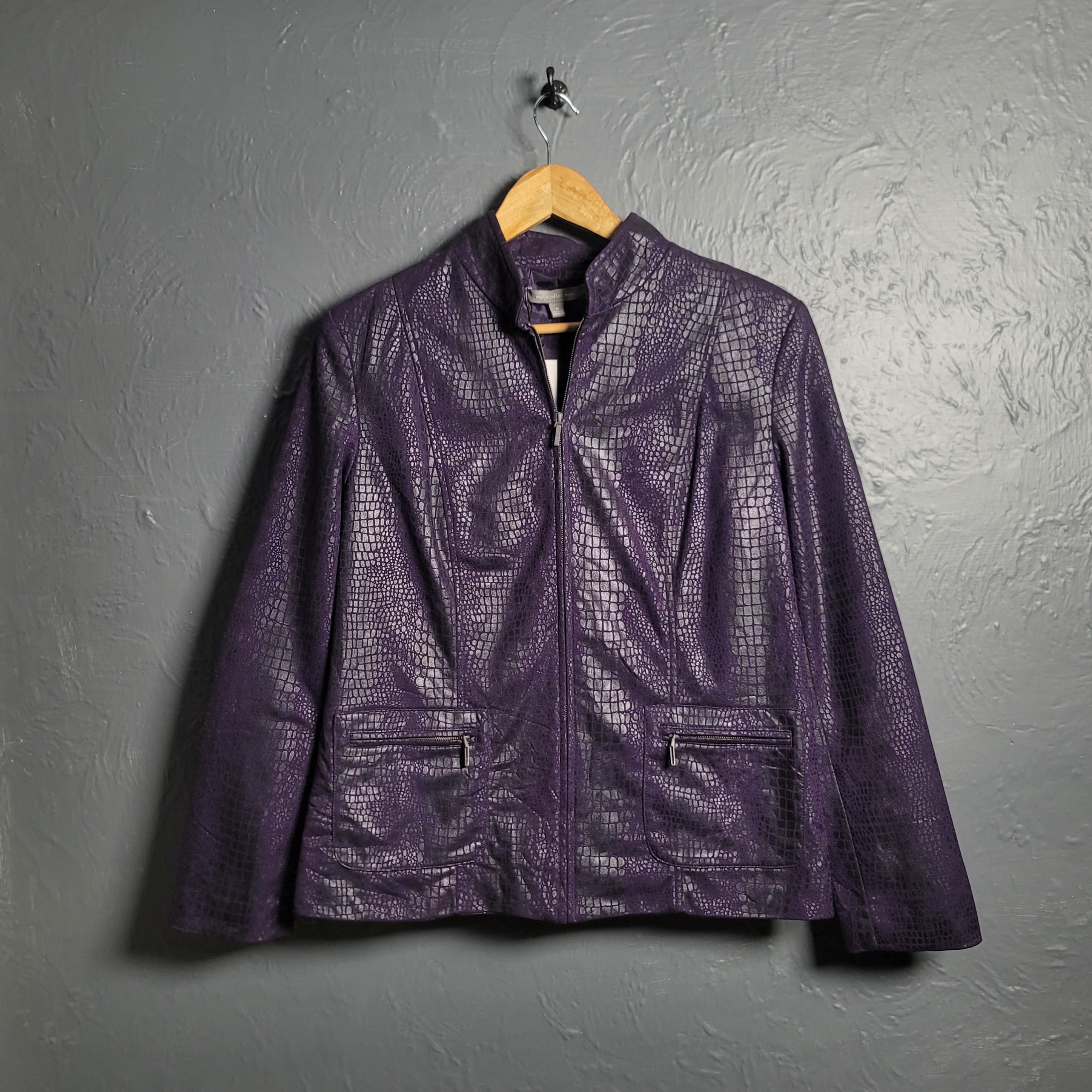 Women's Purple Snake Textured Faux Leather Full Zip Lined Zip Pockets