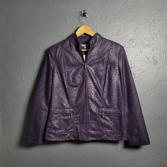 Women's Purple Snake Textured Faux Leather Full Zip Lined Zip Pockets