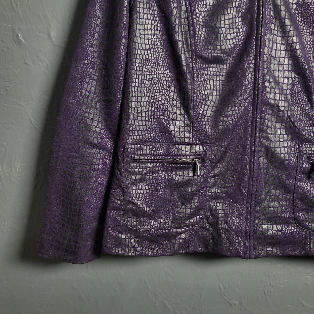 Women's Purple Snake Textured Faux Leather Full Zip Lined Zip Pockets