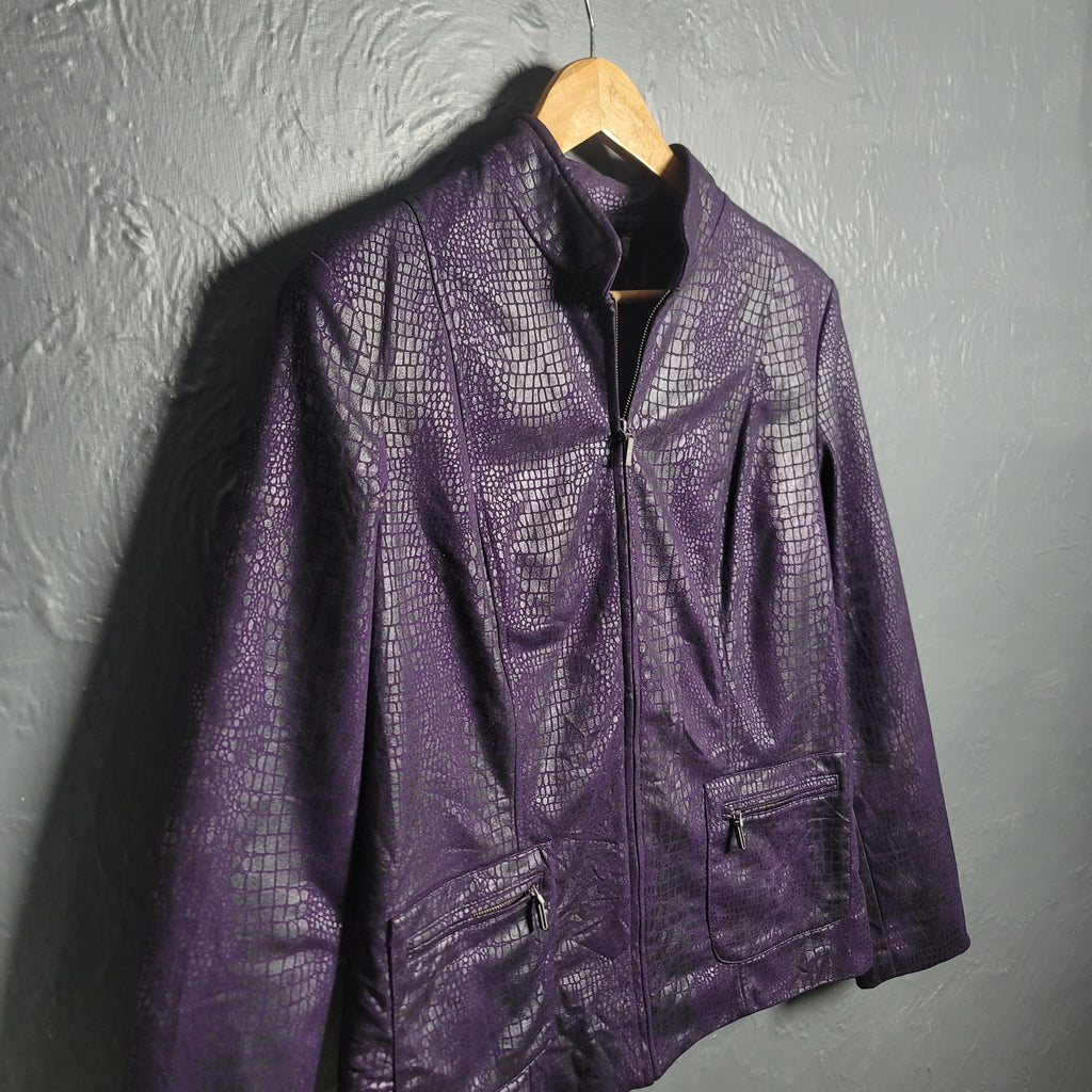 Women's Purple Snake Textured Faux Leather Full Zip Lined Zip Pockets