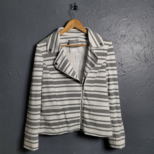 Bagatelle Grey and White Striped Full Zip Stretchable Moto Jacket