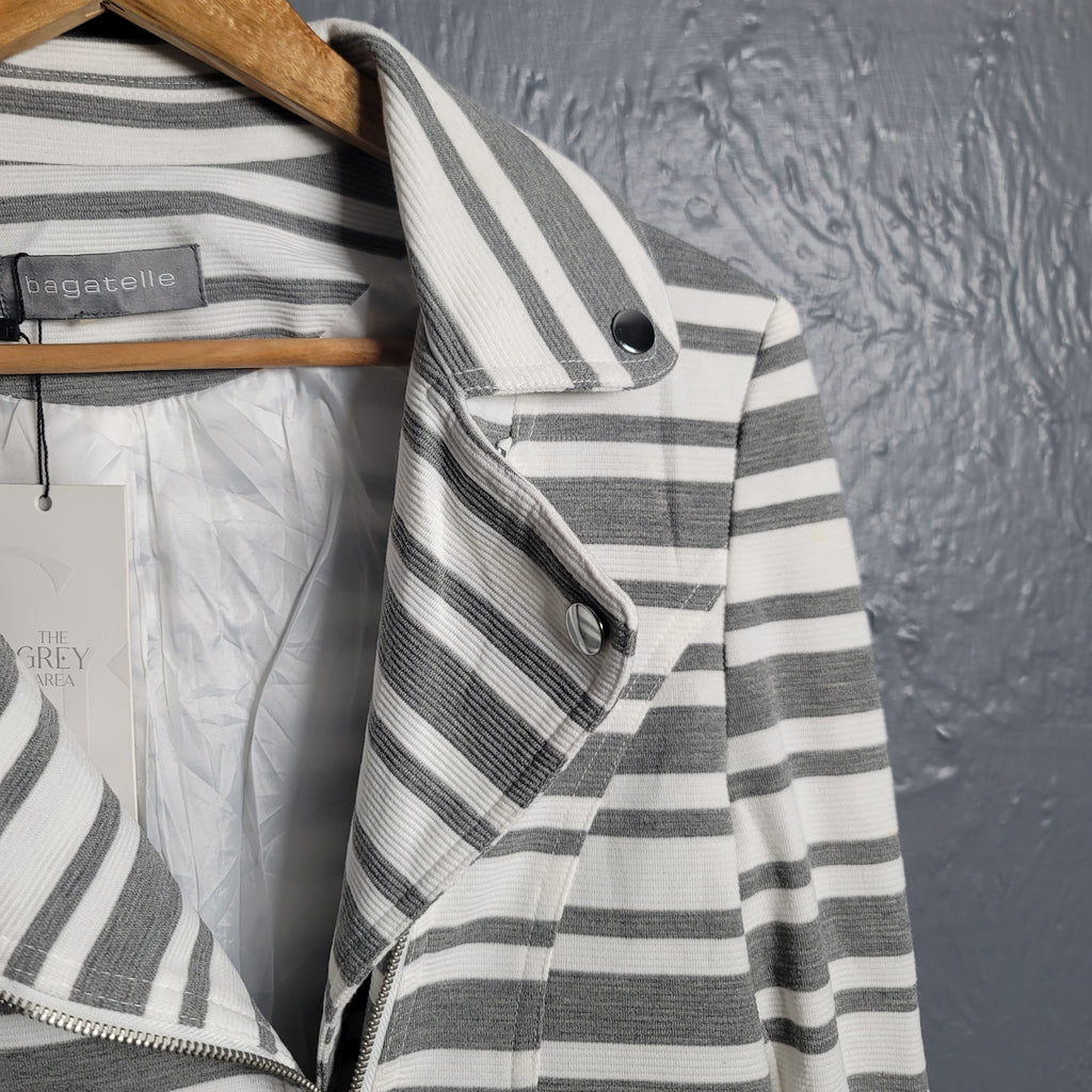 Bagatelle Grey and White Striped Full Zip Stretchable Moto Jacket