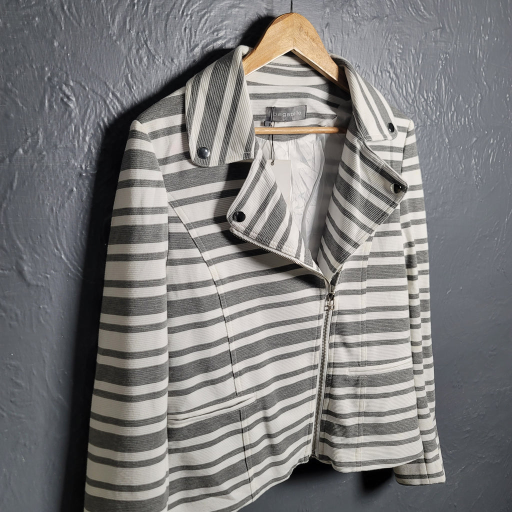 Bagatelle Grey and White Striped Full Zip Stretchable Moto Jacket