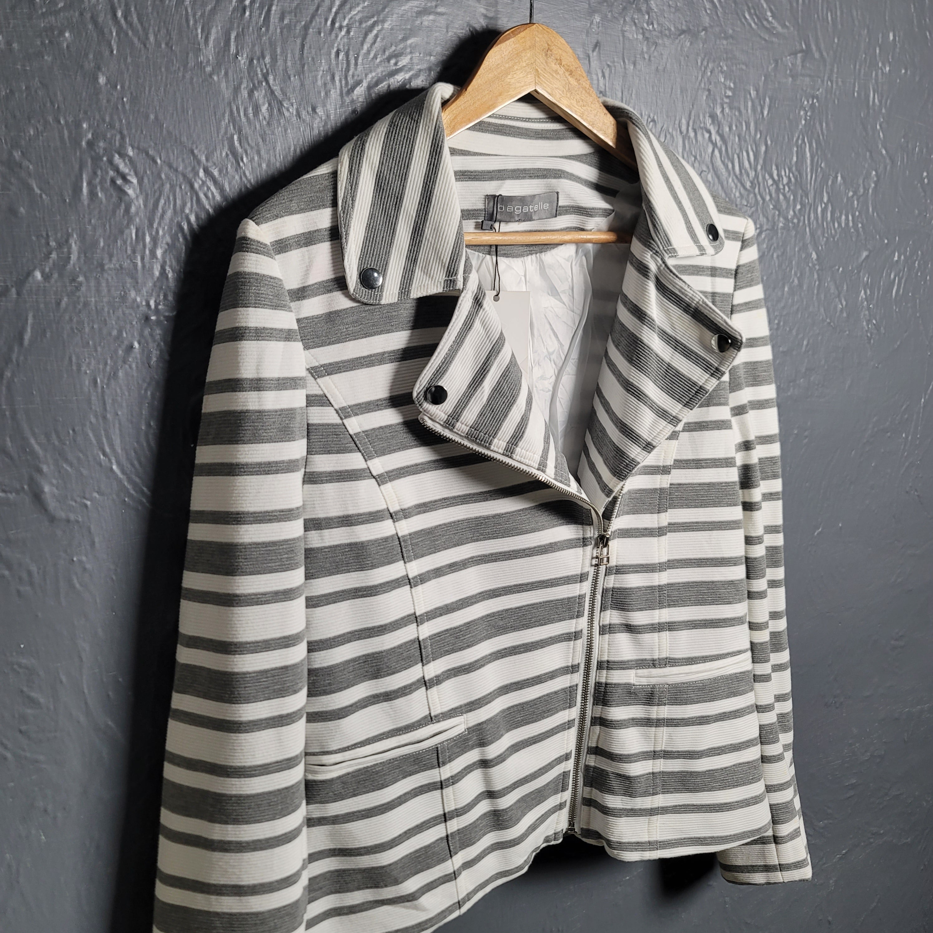 Bagatelle Grey and White Striped Full Zip Stretchable Moto Jacket