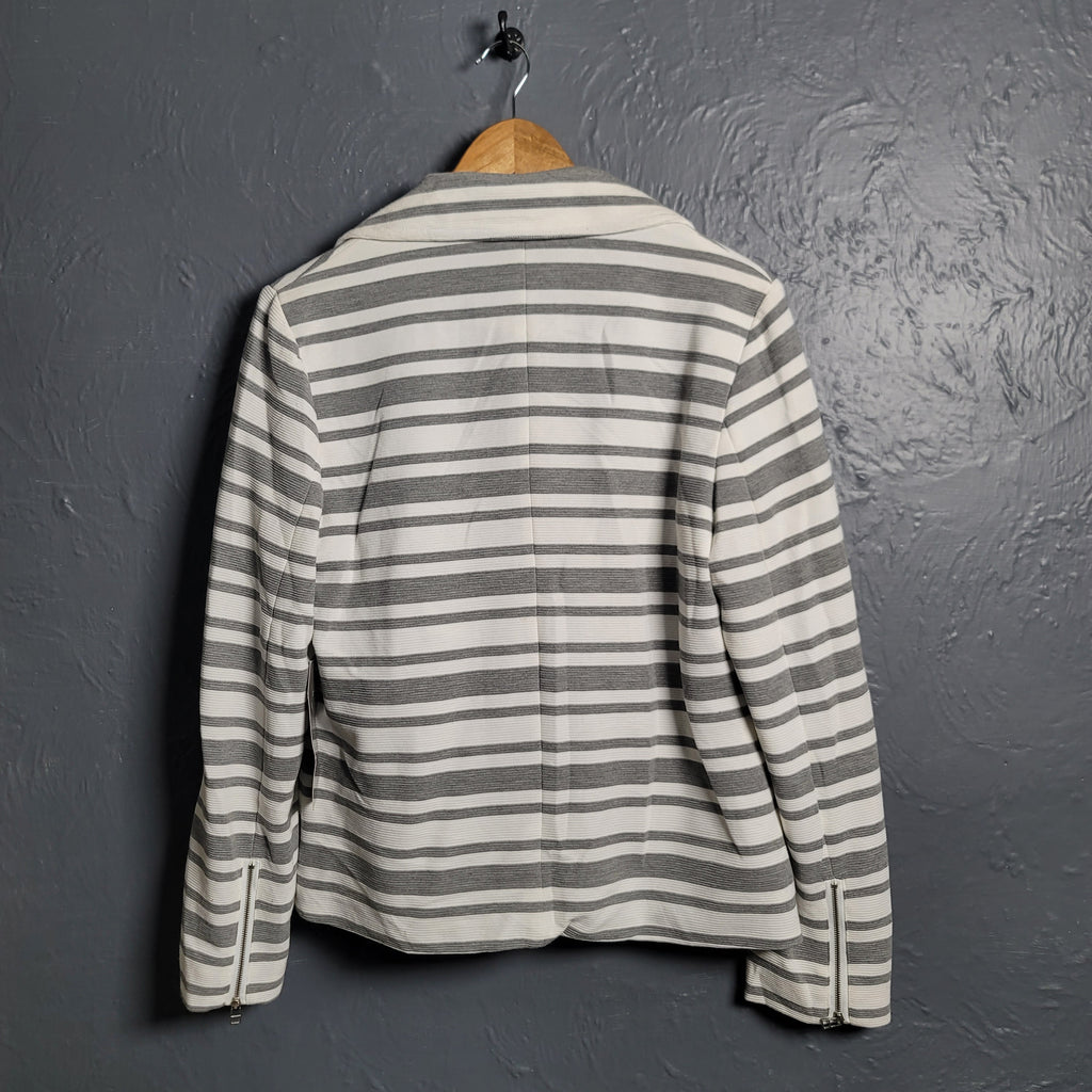 Bagatelle Grey and White Striped Full Zip Stretchable Moto Jacket