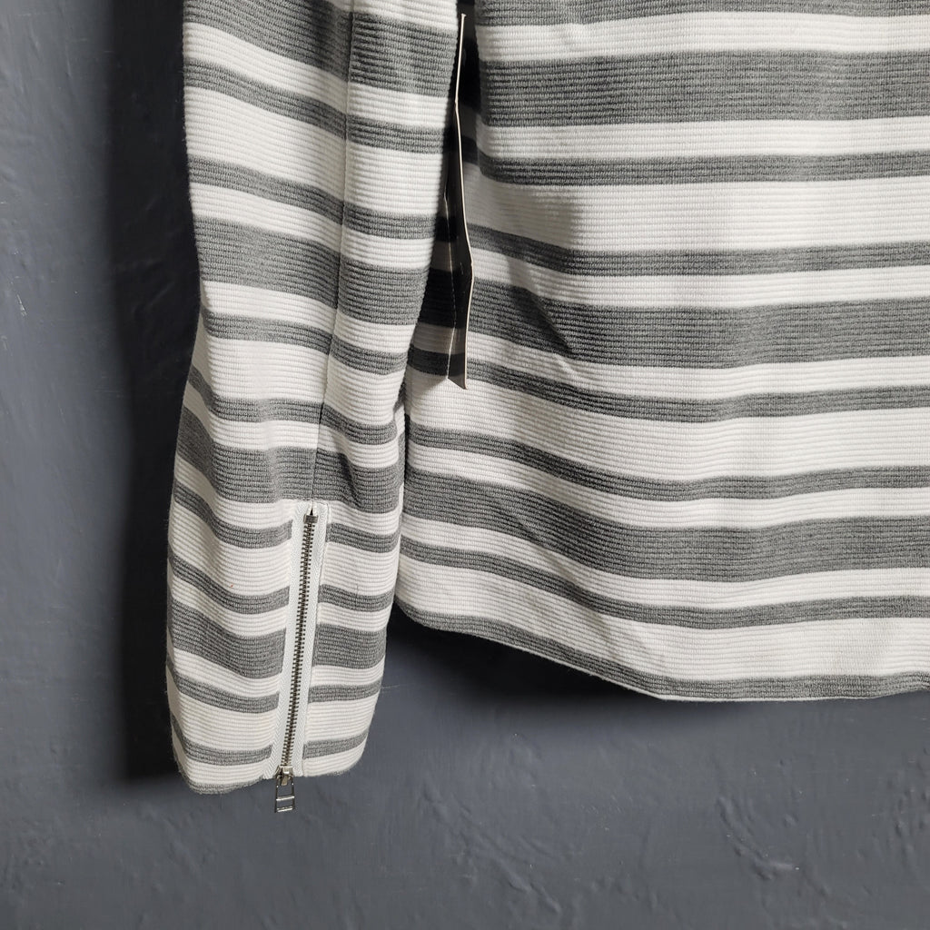Bagatelle Grey and White Striped Full Zip Stretchable Moto Jacket