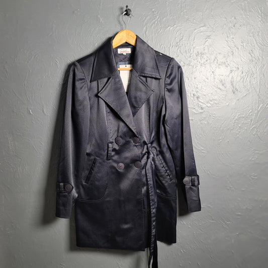 Women's Dark Navy Blue Satin Shiny Trench Coat