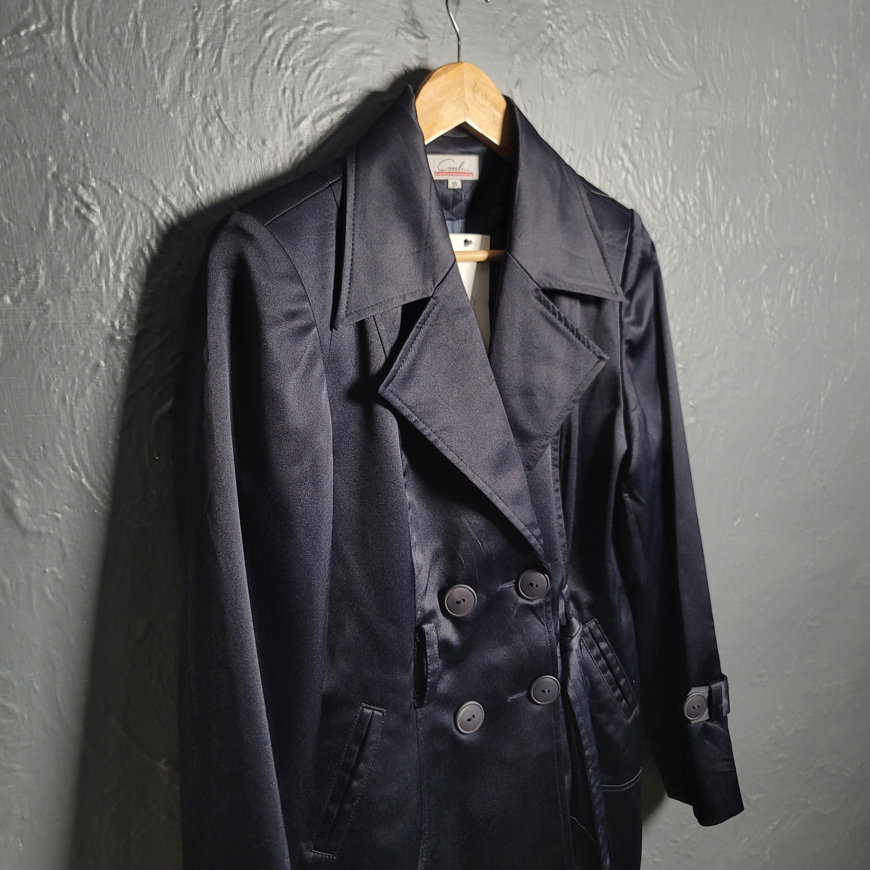 Women's Dark Navy Blue Satin Shiny Trench Coat