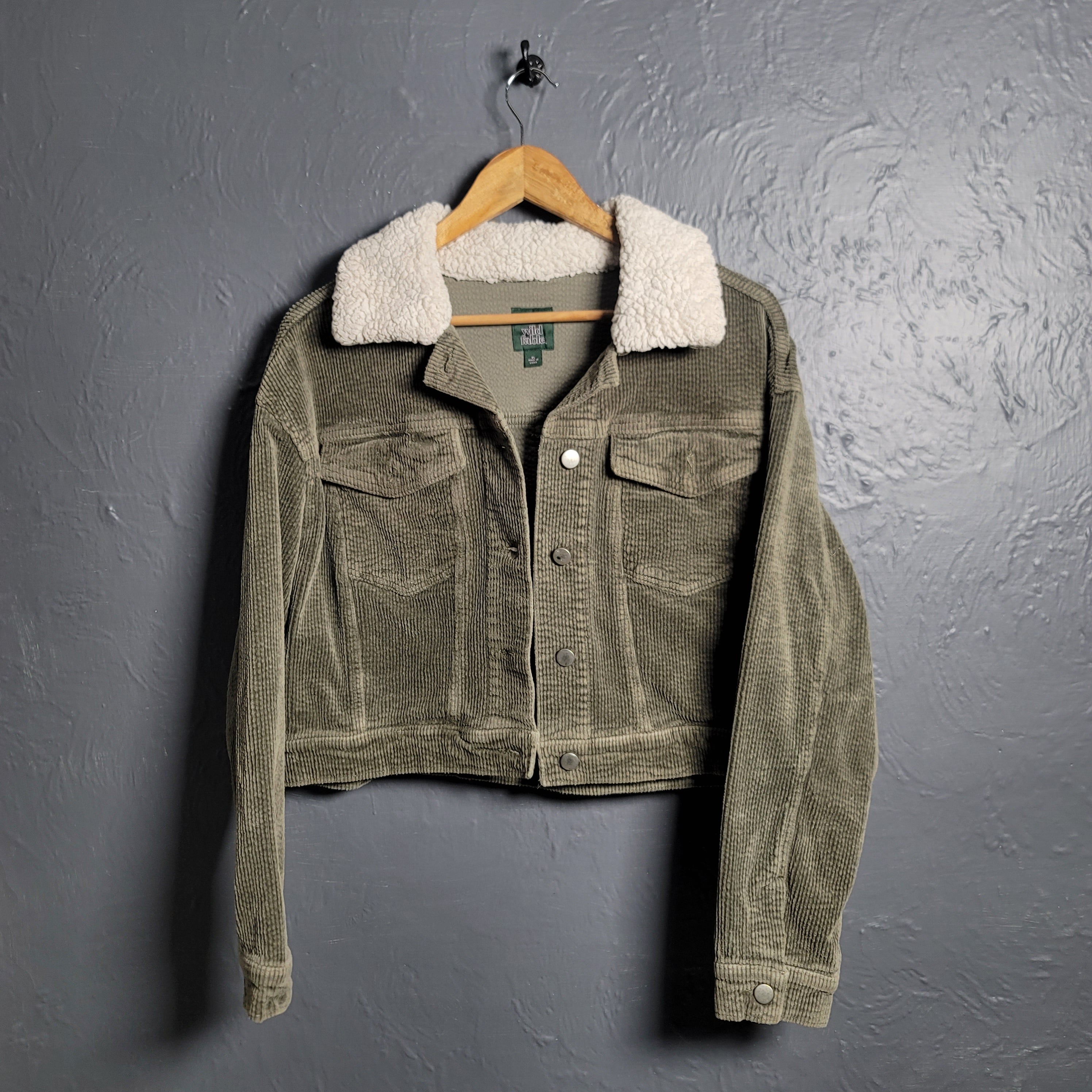 Women's Wild Fable Olive Green Corduroy Fuzzy Collar Cropped Jacket