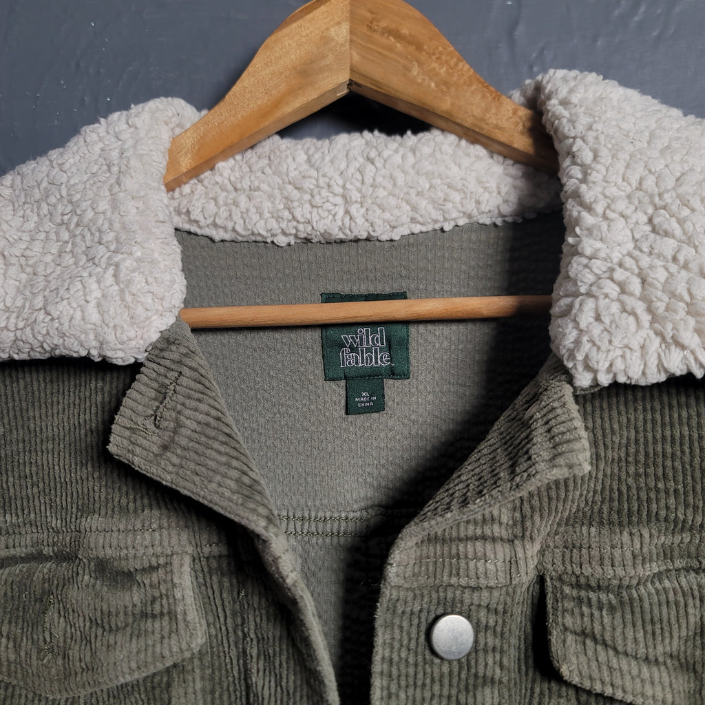 Women's Wild Fable Olive Green Corduroy Fuzzy Collar Cropped Jacket