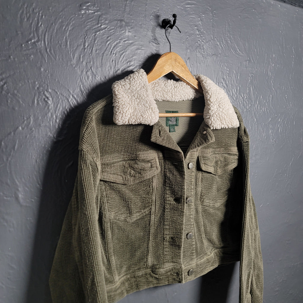 Women's Wild Fable Olive Green Corduroy Fuzzy Collar Cropped Jacket