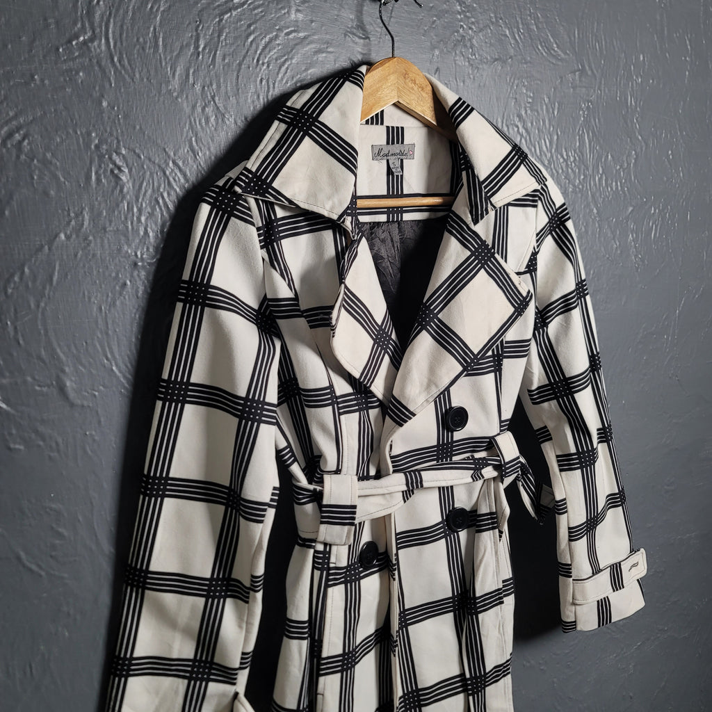 Weather Tamer Women's Trench Coat Button Up White & Black Plaid w/Belt